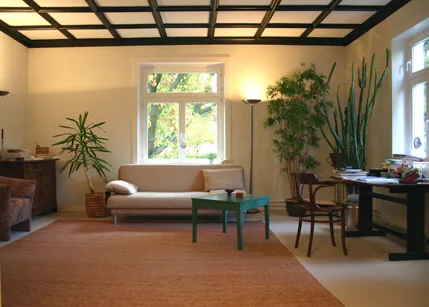 Behandlungsraum der Praxis mit Sofa, Sessel und Schreibtisch